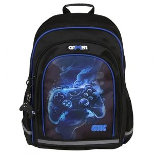 Sac à dos scolaire rembourré bleu-noir pour garçon avec réflecteurs pour manette de jeu 40x29x20cm 23 l