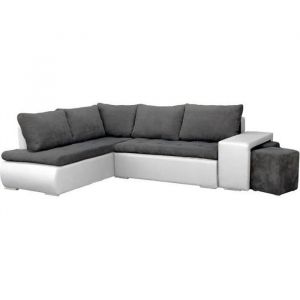 Image de Canapé d'angle Convertibles avec Deux poufs Tissu + Simili Cuir BELGRAD (Gris foncé + Blanc, Canapé d'angle Gauche)