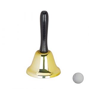 Relaxdays Cloche à main, clochette de table, son fort, manche bois, école, hôtel, décoration noël, 12 cm, doré