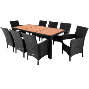 Poly rotin salon de jardin Rom 9pcs noir acacia