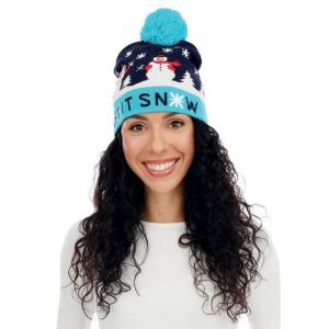 Ruedelafete Bonnet de noel adulte bleu avec bonhommes de neige Lumineux