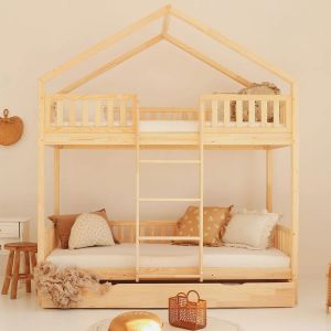 Lit cabane superposé 90x190 barrière sommier et tiroir inclus Roxane Bois