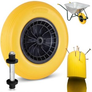 Image de Roue de brouette - MESO - Jaune - 400x8 - PU anti-crevaison, jante plastique, roulement 20mm + axe