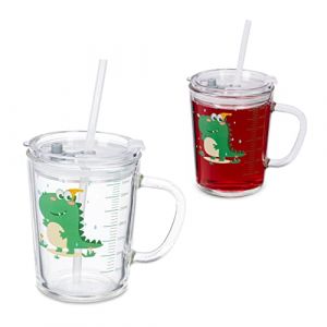 Relaxdays Verre pour Enfant en Lot de 2, Motif de Dinosaure, avec Anse, Couvercle et Paille, 400 ML gradué, Transparent