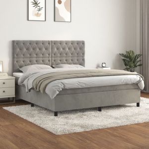 VidaXL Sommier &agrave; Lattes de Lit avec Matelas, Lit Rembourr&eacute;, Lit Double, Lit Adulte de Chambre &agrave; Coucher Int&eacute;rieur, Moderne, Gris Clair 160x200cm Velours 3143211