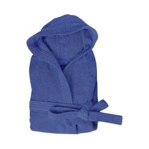 Image de Peignoir Eponge 100% Coton Couleur Unie Doux Homme Femme Ceinture Poches Capuche Bleu - xl