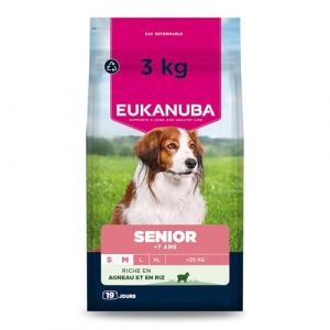 Eukanuba Life Care Croquettes Chien Senior Petite Moyenne Races, Riche en Agneau & Riz, Glucosamine, Oméga 3&6, FOS, sans colorants, arômes artificiels ni OGM – 3 kg