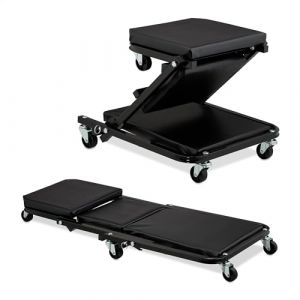 Relaxdays Tabouret d'atelier 2 en 1, Chariot de mécanicien, Roues pivotantes à 360°, siège Garage, 150 kg, Acier, Noir
