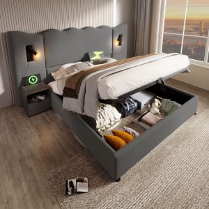 Modfu - Lit coffre adulte 160x200cm, lin, sans matelas, t&ecirc;te de lit allong&eacute;e, lit double avec liseuse, usb, gris