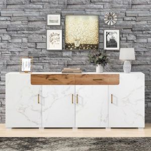 Buffet haut blanc MODERNLUXE - 4 portes, 2 tiroirs, aspect marbre