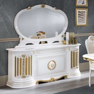 Bahut 4 portes battantes + miroir Blanc/Or - adele - Buffet : l 168 x l 50 x h 78 cm Miroir : l 130 x l 10 x h 96 cm