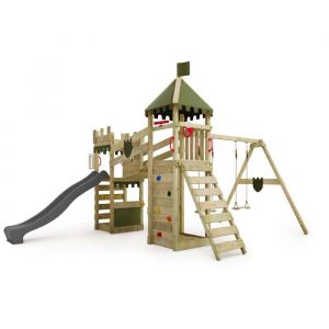 Fatmoose Aire de jeux en bois RiverRun avec balançoire et toboggan anthracite