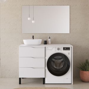 Meuble lave linge 124cm avec plateau et vasque ronde - 3 tiroirs - blanc - SANTA
