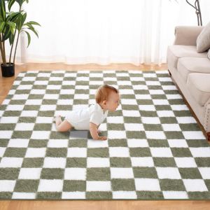 Tapis Salon Shaggy 160 x 230 cm Descente de lit Poils Longs Doux pour Salon Chambre Canapé Moelleux Chambre Blanc Vert