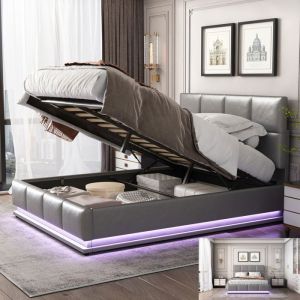 Lit 140x190 cm - LED - Tissu en PU - cadre de lit adulte 140x190 cm - gris