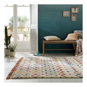 Tapis berbère avec franges ethnique rectangle Prairie Crème 120x170 - Crème