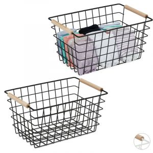 Relaxdays 2x Paniers fil métal, poignée en bois, rectangulaire, design quadrillé, vêtements, accessoires, HxLxP: 16x31x21 cm, noir