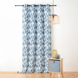 LINDER Rideau à Motif Ikat - Tissu Upcyclé - Style Ethnique - Œillets Canon de Fusil - Coloris Bleu Ceruleen - Dimensions 140x280cm - 67% Polyester 31% Coton 2% Autres Fibres - Collection Ikat