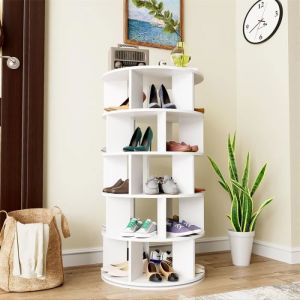 Fortuna Lai - Meuble à chaussures ronde 60x60x115cm - Range-chaussures avec angle rotatif, 5 niveaux - Blanc