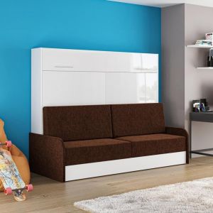 Image de Inside75 Armoire lit escamotable VERTIGO SOFA façade blanc brillant canapé accoudoirs marron 160*200 cm - marron