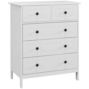 Homcom Commode 5 tiroirs style contemporain poignées boutons métal noir mdf panneaux blanc - Blanc