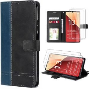 Image de Coque &Agrave; Rabat Pour Xiaomi Redmi Note 13 Pro 4g (Pas Pour 5g) Bleu Marine Effet Cuir Bicolore+ 2 Verres Tremp&eacute;s - E.F.Connection