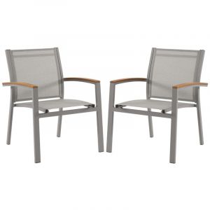 Lot de 2 fauteuils de jardin empilables en aluminium et textilène - Taupe et accoudoirs acacia - TAIPIVAI de MYLIA