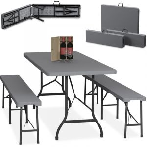 Relaxdays Ensemble table pliante et 2 bancs, pour jardin, pavillon ou camping, 180 cm, pour les fêtes, gris