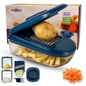 Mastrad Coupe L&eacute;gumes Avec R&eacute;servoir - 3 Grilles - Peigne de Nettoyage - Facile D&rsquo;utilisation &ndash; Confort & S&eacute;curit&eacute; &ndash; Coloris Bleu