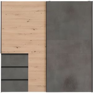 Armoire 2 portes coulissantes 3 tiroirs ch&ecirc;ne b&eacute;ton gris 200 cm - THOR