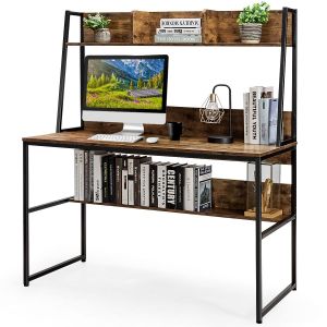 Coast Desk with Shelf - 120x57x140 cm - Coffee - Table d'ordinateur en bois et métal avec bibliothèque ouverte et repose-pieds réglables