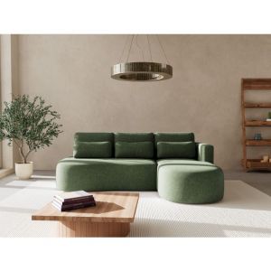 Canapé d'angle droit convertible 4 places en tissu texturé vert