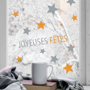 Plage Stickers Citation No&euml;l Joyeux, 29,7 cm x 21 cm, &Eacute;toiles Dor&eacute;es & Argent&eacute;es, D&eacute;coratifs &Eacute;lectrostatiques, Id&eacute;e Cadeau F&ecirc;tes de No&euml;l