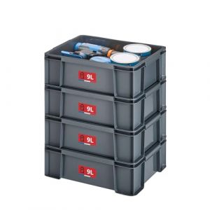 Sundis Master Box, lot de 4 bacs de rangement 9L en plastique recyclé, robustes et renforcés, parois droites, superposables et combinables, idéals pour l’atelier, le bricolage ou le transport