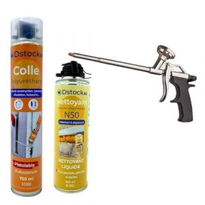 Lot de 1 colle de montage polyuréthane + 1 pistolet + 1 nettoyant mousse - Mousse polyuréthane faiblement expansive pour le collage des panneaux
