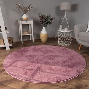 Paco Home - Tapis De Salon Fausse Fourrure Peluche Tapis Shaggy Long Lavable Divers Couleurs 160 cm rond, Violet Rose
