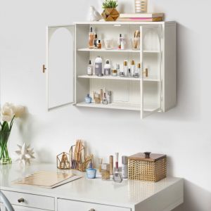 Armoire murale de cuisine, meuble de salle de bain avec 3 niveaux de rangement, 2 portes vitr&eacute;es, m&eacute;tal, 70&times;23&times;60cm, blanc