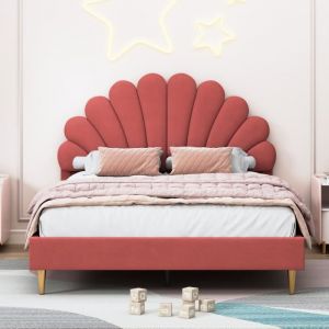 Lit 140x200cm - T&ecirc;te de lit en forme de fleur, Sommier &agrave; lattes, Tissu en velours Style scandinave - Rouge vin