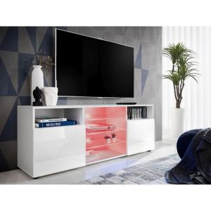 Meuble Banc TV Urbino Komodee - LED RGB - Blanc Brillant et Blanc - Facades en Brillant - 140 x 53 x 35 cm