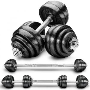 RE:SPORT Kit d'haltères 2-en-1 30 kg Ensemble modulable d'haltères en fonte Haltères longs et courts Fermetures en étoile et tuyau de raccordement