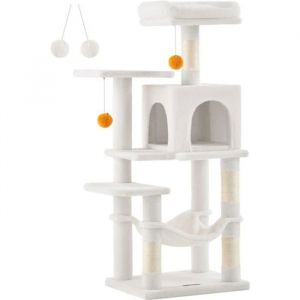 Arbre À Chat Hauteur 112 Cm, Tour De Jeux Pour Chats, Avec 4 Poteaux À Griffer, 2 Plateformes, Multi-Niveaux, Blanc Crème