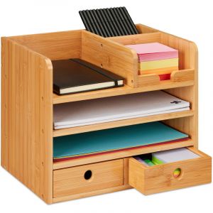 Relaxdays Organisateur bureau, 2 tiroirs, 5 compartiments, HxLxP: 26,5 x 33 x 24 cm, bambou, espace de travail, nature