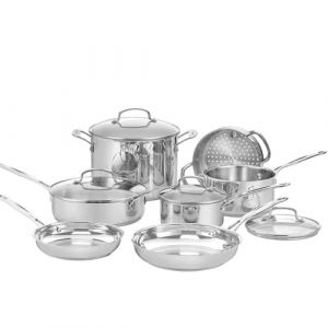 Cuisinart Batterie inox Chef&rsquo;s Classic 11 pcs : casseroles, po&ecirc;les, faitout, vapeur | Induction | Fond alu | Poign&eacute;es Cool Grip | Marquages | Couvercles verre | Lave-vaisselle - 7711G