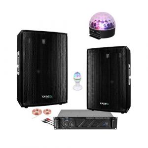 Ibiza Sound Pack Sono 4400W avec Ampli 2x1500W - 2 Enceintes Disco15B 700W - 2 Jeux de Lumi&egrave;res - Animation - Soir&eacute;e - Mariage