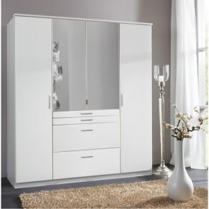 Image de Inside75 Armoire penderie décor blanc ARRON 4 portes battantes 4 tiroirs blanc Bois