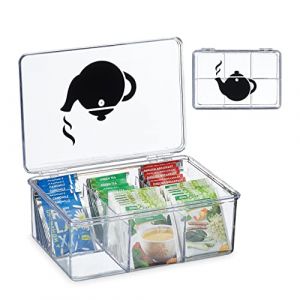 Image de Relaxdays Boîte à thé, plastique, 6 casiers, rangement pour sachets tisane, couvercle, HxLxP : 9x21,5x15 cm, transparent