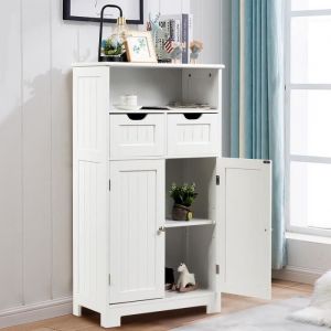 Meuble de Rangement de Salle de Bain Commode Blanche de Toilette/Chambre avec 2 Tiroirs et 2 Portes, Double Zones de Rangement Armoire pour Salle à