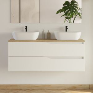 Meuble de salle de bain 120cm avec plateau miel et 2 vasques &agrave; poser Zeus - 2 tiroirs - sans miroir - blanc - LUNA