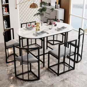 Ensemble de table de salle à manger(140x80cm)et six chaises - Table en mdf blanc, chaises avec dossiers et coussins gris structure en fer - noir