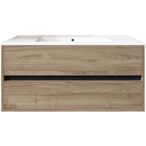 Mennza Meuble de salle de bain suspendu 100cm double edge bois clair - Vasque en céramique